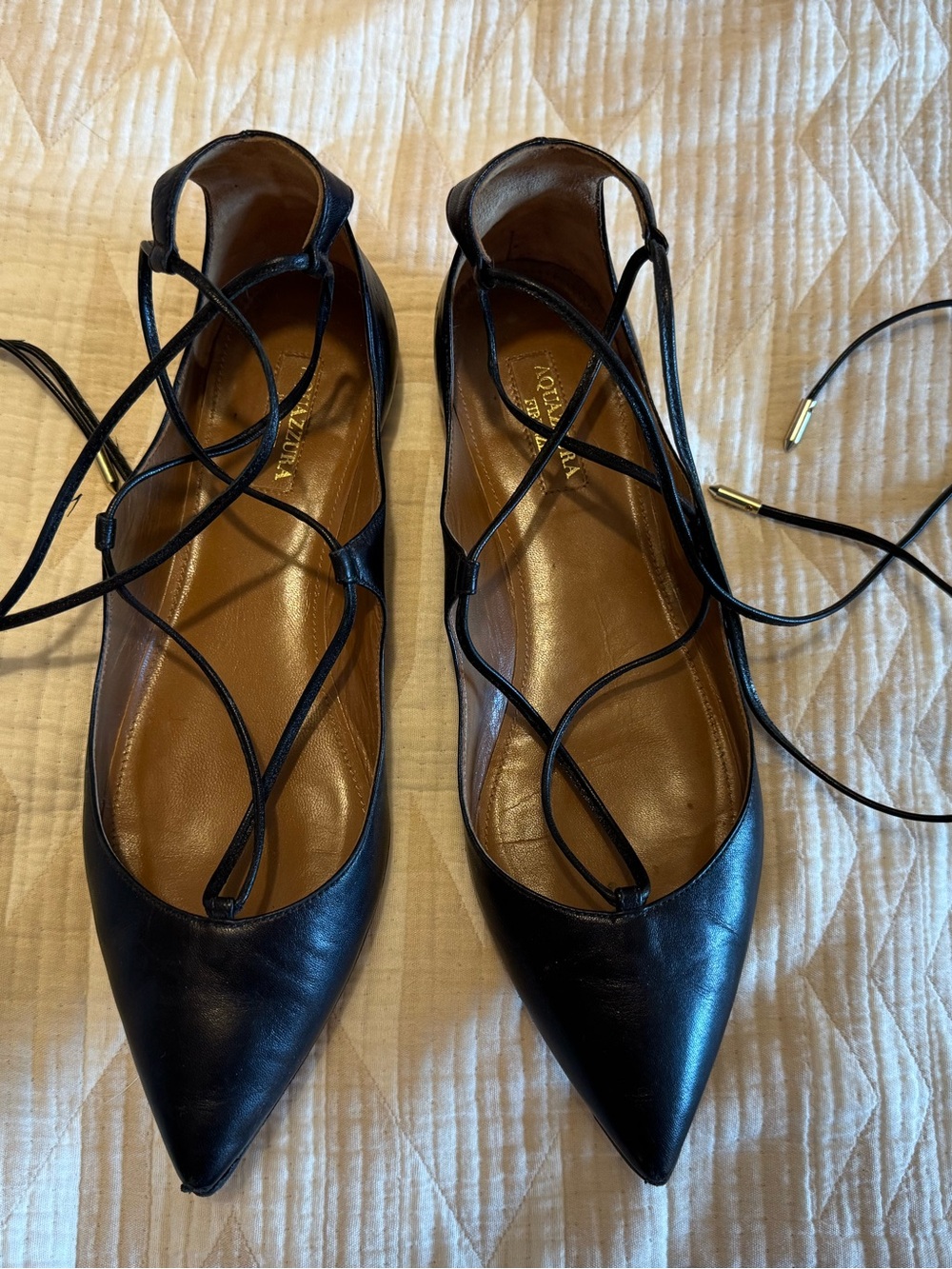 Aquazzura Christy Black Pointed-Toe Lace-Up Leather Flats